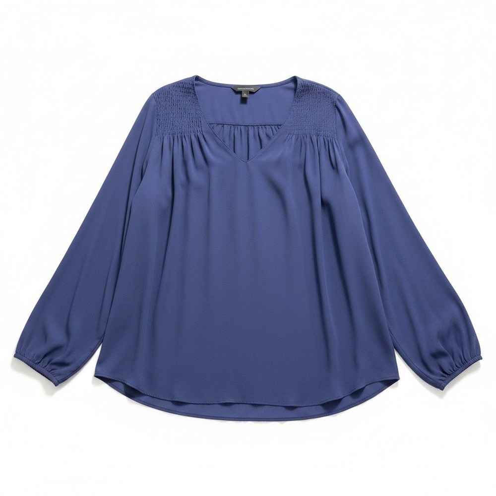 Banana Republic XL Blue Smocked V-Neck Blouse Womens Minimalist Coastal Casual
